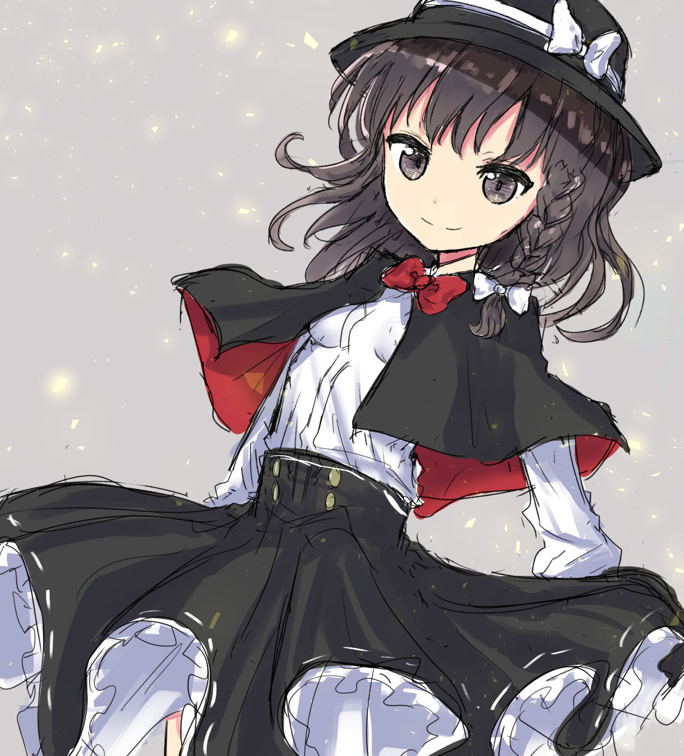 1girl bangs black_bow black_capelet bow bowtie braid brown_eyes brown_hair capelet coraman fedora grey_background hair_bow hat hat_bow high-waist_skirt light_particles long_sleeves looking_at_viewer medium_skirt petticoat red_bow red_neckwear shirt short_hair side_braid simple_background sketch skirt solo touhou usami_renko white_bow white_shirt