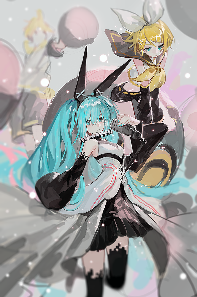 1boy 2girls black_hairband black_legwear black_shorts black_skirt blonde_hair blue_eyes blue_hair detached_sleeves floating_hair hair_between_eyes hair_ornament hair_ribbon hairband hatsune_miku holding holding_microphone kagamine_len kagamine_rin leaning_forward long_hair looking_at_viewer microphone midriff miniskirt multiple_girls neckerchief pleated_skirt qiqu ribbon shirt short_hair short_shorts shorts skirt sleeveless sleeveless_shirt thigh-highs twintails very_long_hair vocaloid white_hairband white_ribbon white_shirt yellow_neckwear zettai_ryouiki