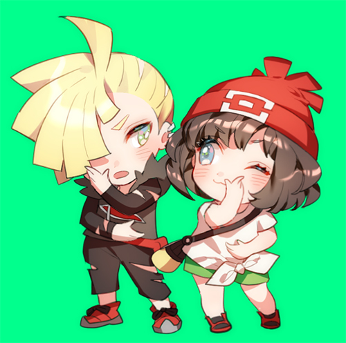 1boy 1girl bag beanie black_hair black_pants blonde_hair chibi gladio_(pokemon) green_background green_eyes green_shorts hair_over_one_eye handbag hat long_sleeves lowres mizuki_(pokemon_sm) one_eye_closed open_mouth pants pokemon pokemon_(game) pokemon_sm red_hat shirt short_hair short_sleeves shorts simple_background tied_shirt torn_clothes torn_pants zuizi