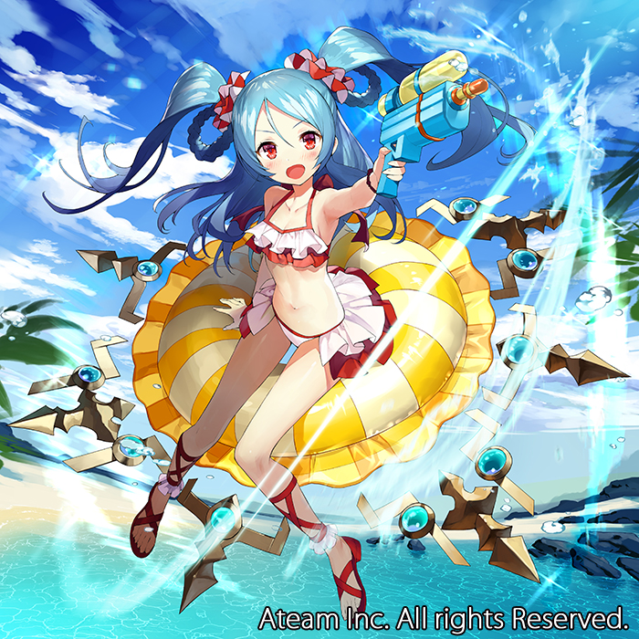 1girl :d aiming amaterasu_(valkyrie_connect) armpits bare_shoulders bikini blue_hair blue_sky blush breasts clouds cloudy_sky commentary_request day fisheye frilled_bikini frills hair_ornament hair_scrunchie holding innertube looking_at_viewer matsui_hiroaki navel ocean official_art open_mouth outdoors palm_tree red_eyes scrunchie sitting sky small_breasts smile solo swimsuit tree twintails valkyrie_connect water_gun watermark white_bikini wristband