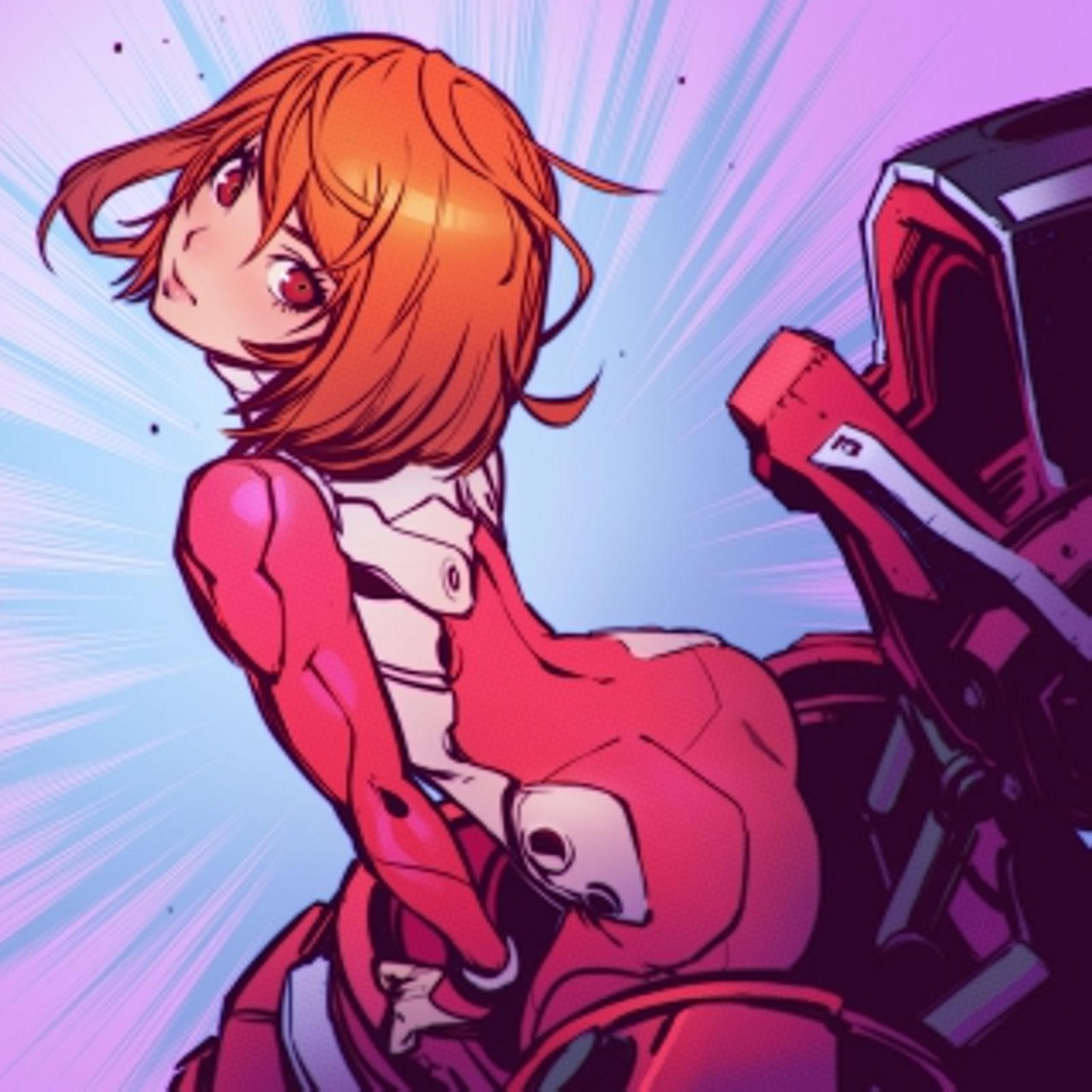 1girl all_you_need_is_kill ass gloves head_tilt highres ilya_kuvshinov lips looking_at_viewer orange_eyes orange_hair power_armor rita_vrataski short_hair skin_tight solo