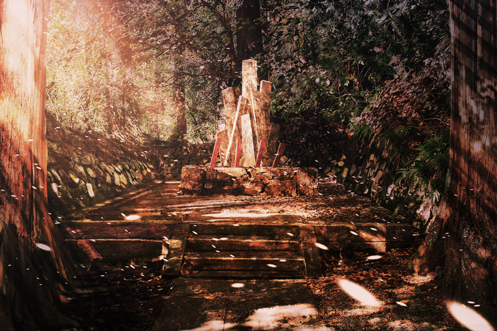 forest light_particles light_rays nature original outdoors scenery shrine stairs tree twilight zennmai_siki