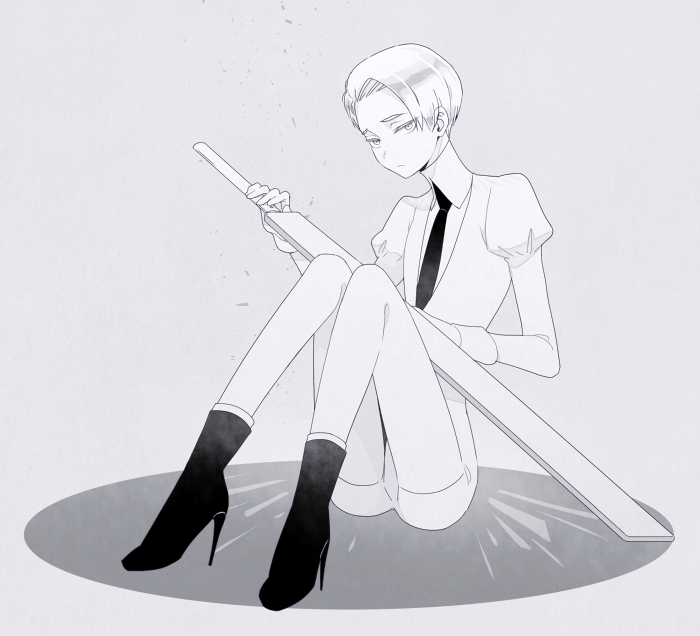 androgynous boots cairngorm_(houseki_no_kuni) gem_uniform_(houseki_no_kuni) grey_background high_heels houseki_no_kuni looking_at_viewer nao_(necomugi) necktie scabbard sheath short_hair shorts silver_hair sitting solo sword weapon white_eyes white_hair