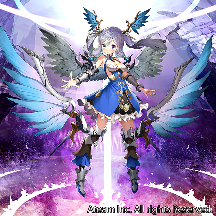 1girl armor aura bare_shoulders blue_eyes boots breasts closed_mouth greaves head_wings looking_at_viewer matsui_hiroaki medium_breasts official_art purple_hair solo standing twintails valkyrie_connect watermark wings