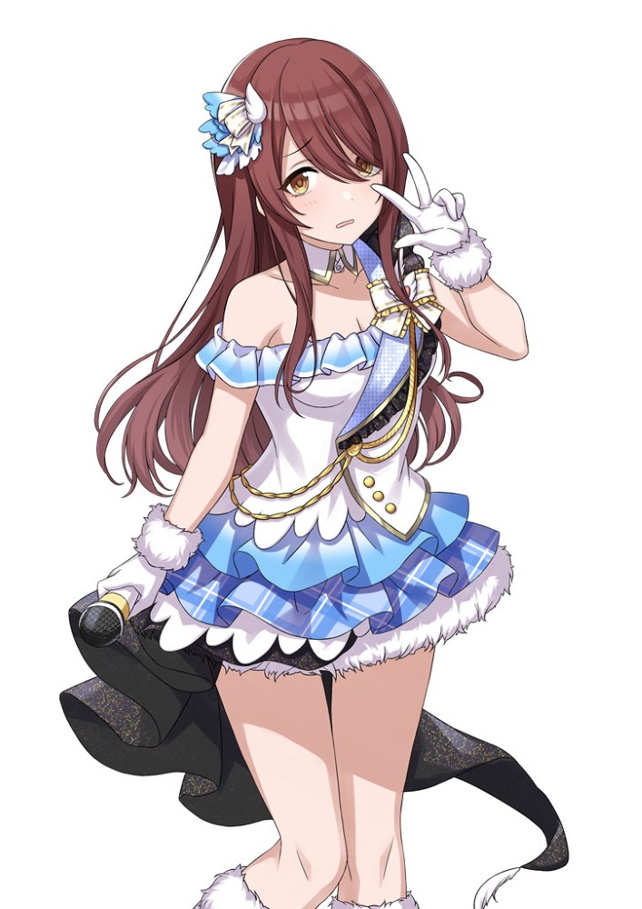 1girl brown_hair cuffs eyebrows_visible_through_hair fur_trim gloves hair_ornament idol_clothes idolmaster idolmaster_shiny_colors long_hair looking_at_viewer microphone miniskirt official_art oosaki_tenka open_mouth skirt thighs white_background white_gloves yellow_eyes