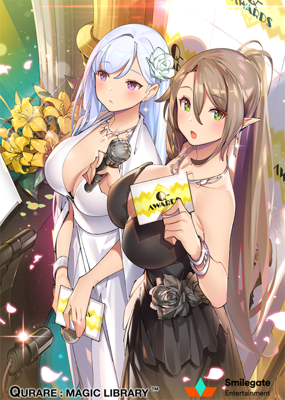 2girls :o bangs black_dress black_flower blonde_hair blue_hair blush breasts brown_hair cleavage copyright_name dress eyebrows_visible_through_hair flower glint green_eyes hair_flower hair_ornament holding huge_breasts jewelry large_breasts long_hair looking_at_viewer looking_away microphone multiple_girls necklace open_mouth original petals pointy_ears ponytail pop_kyun qurare_magic_library standing very_long_hair violet_eyes watermark white_dress white_flower yellow_flower
