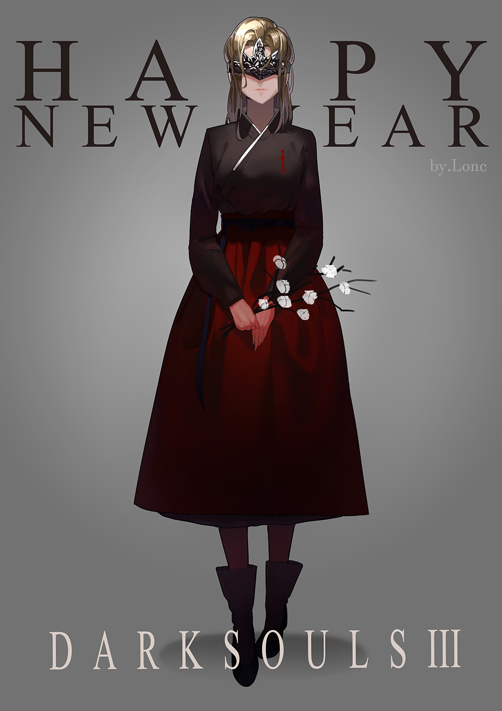 1girl artist_name black_footwear black_shirt blonde_hair closed_mouth commentary_request copyright_name dark_souls_iii english facing_viewer fire_keeper flower grey_background hanbok happy_new_year highres holding korean_clothes loncspace long_skirt long_sleeves looking_at_viewer mask new_year pantyhose red_legwear red_skirt shirt simple_background skirt solo souls_(from_software) standing