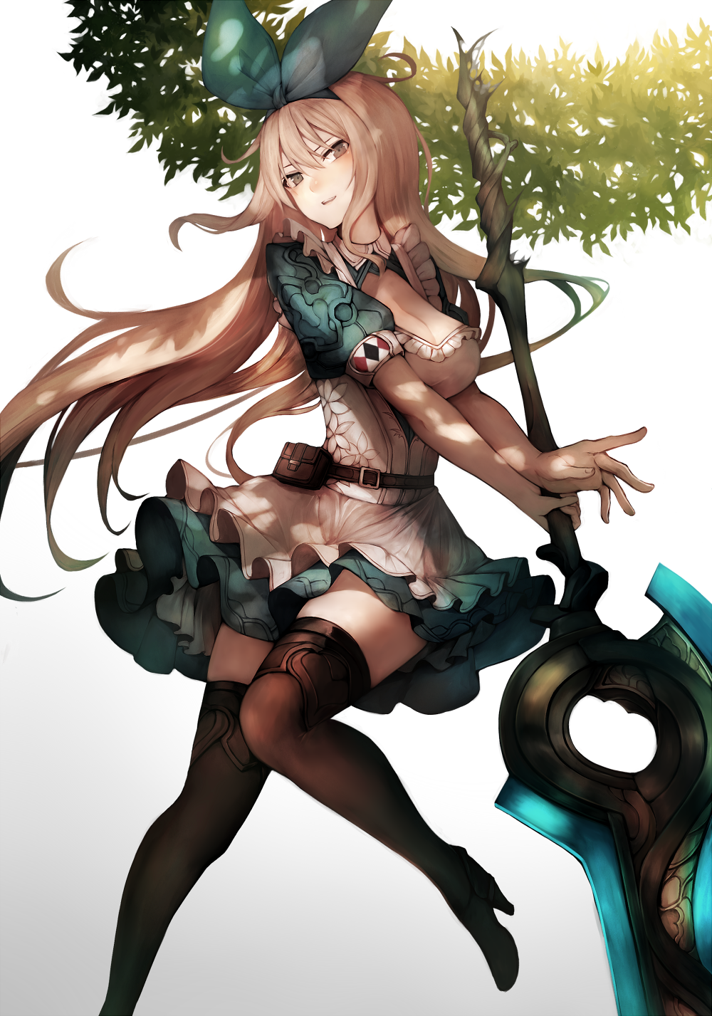 1girl bangs belt belt_pouch blonde_hair breasts cleavage cleavage_cutout dress feet_out_of_frame frilled_dress frills gradient gradient_background grey_eyes hair_between_eyes hairband highres holding holding_sword holding_weapon inaba_sunimi large_breasts long_hair looking_at_viewer one_leg_raised open_mouth original puffy_short_sleeves puffy_sleeves shoes short_sleeves solo sword teeth thigh-highs weapon zettai_ryouiki
