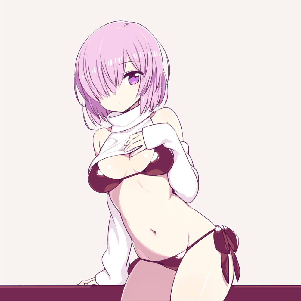 1girl arm_support bikini black_bikini breasts chan_co cleavage detached_sleeves fate/grand_order fate_(series) hair_over_one_eye hand_on_own_chest large_breasts looking_at_viewer mash_kyrielight navel purple_hair short_hair side-tie_bikini simple_background solo swimsuit turtleneck violet_eyes