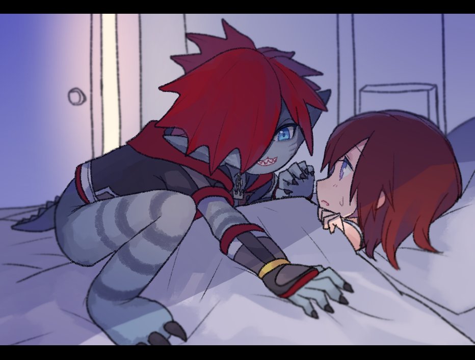 1boy 1girl alternate_form blue_eyes brown_hair child hair_over_one_eye jyaco7777 kairi_(kingdom_hearts) kingdom_hearts kingdom_hearts_iii letterboxed monster_boy on_bed pointy_ears red_eyes short_hair sora_(kingdom_hearts) sweatdrop time_paradox under_covers