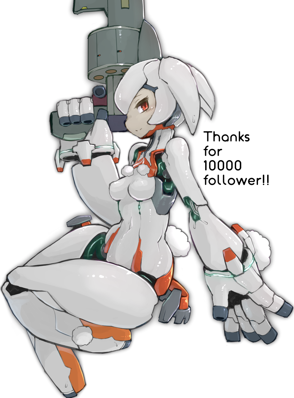 1girl blush breasts commentary_request followers from_side gun gunslinger_stratos highres holding holding_gun holding_weapon looking_at_viewer no_feet profile red_eyes robot short_hair simple_background small_breasts smile solo weapon white_background xi-988 yeti_(mu_kaiten)