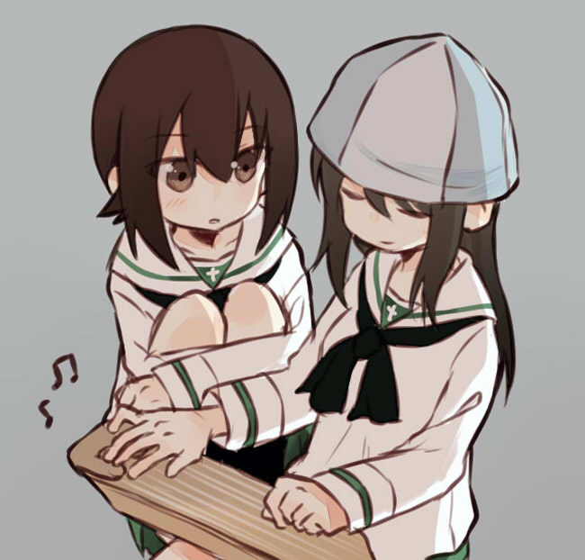 2girls alternate_costume beamed_quavers black_neckwear blouse blue_hat brown_eyes brown_hair closed_eyes eyebrows_visible_through_hair fud girls_und_panzer green_skirt grey_background hat holding holding_instrument instrument kantele light_smile long_hair long_sleeves looking_at_another mika_(girls_und_panzer) miniskirt multiple_girls musical_note neckerchief nishizumi_maho ooarai_school_uniform parted_lips pleated_skirt quaver school_uniform serafuku short_hair simple_background skirt squatting standing white_blouse
