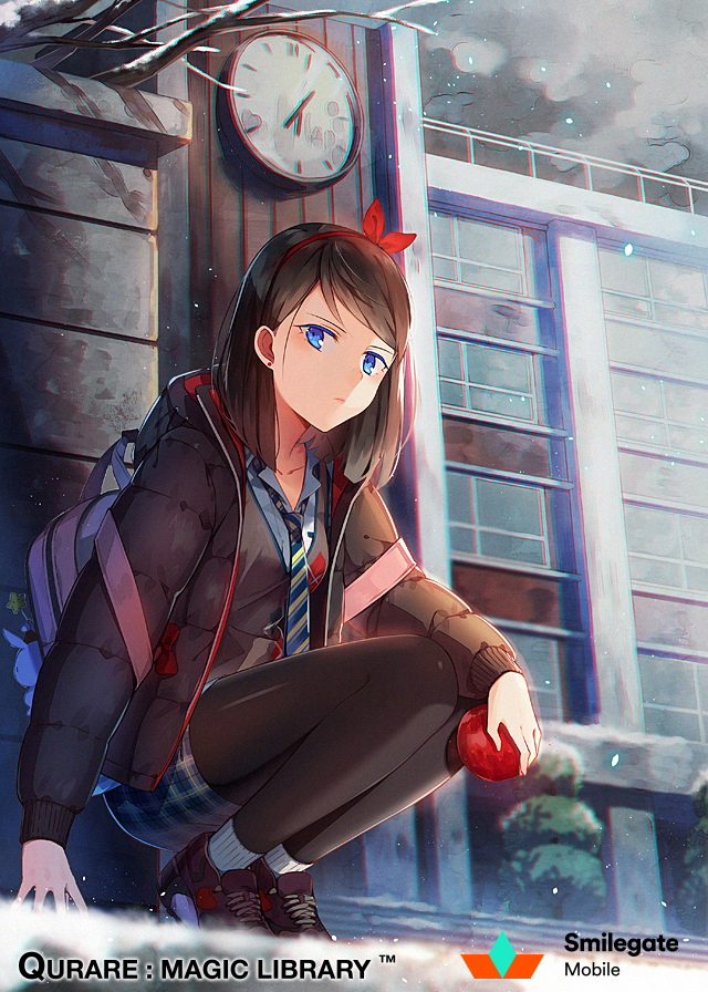 1girl backpack bag black_footwear black_hair black_jacket black_legwear black_vest blue_eyes blue_skirt character_request closed_mouth clouds cloudy_sky collared_shirt copyright_name hair_ribbon hairband hakusai_(tiahszld) holding hood hood_down hooded_jacket jacket long_sleeves looking_at_viewer necktie official_art open_clothes open_jacket outdoors pantyhose plaid plaid_skirt qurare_magic_library red_hairband red_ribbon ribbon school shirt shoes skirt sky sneakers socks socks_over_thighhighs solo squatting striped_neckwear vest white_legwear white_shirt