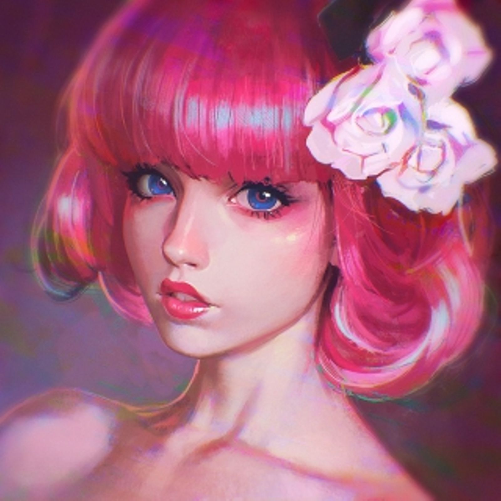 1girl anastasia_ditmar bangs bare_shoulders blue_eyes blunt_bangs face flower hair_flower hair_ornament highres ilya_kuvshinov lips lipstick looking_at_viewer makeup parted_lips pink_hair portrait real_life realistic rose short_hair simple_background solo white_flower white_rose