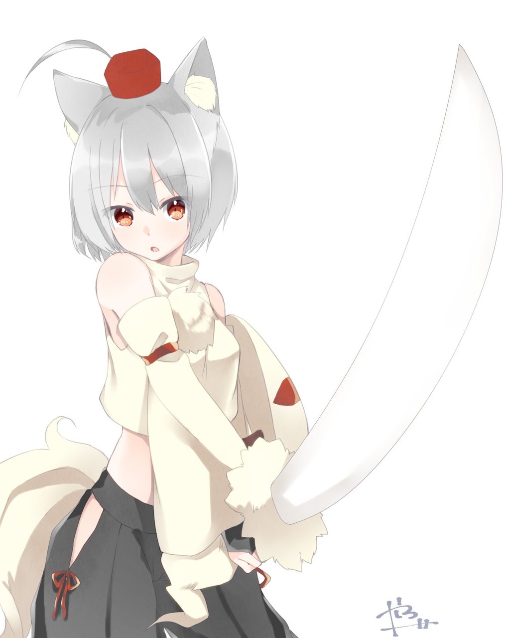 1girl abe_suke ahoge animal_ears bangs black_skirt bridal_gauntlets brown_eyes cowboy_shot detached_sleeves eyebrows_visible_through_hair grey_hair hat highres hip_vent holding holding_sword holding_weapon inubashiri_momiji looking_at_viewer midriff open_mouth pom_pom_(clothes) short_hair signature simple_background skirt solo sword tail tokin_hat touhou weapon white_background wolf_ears wolf_tail