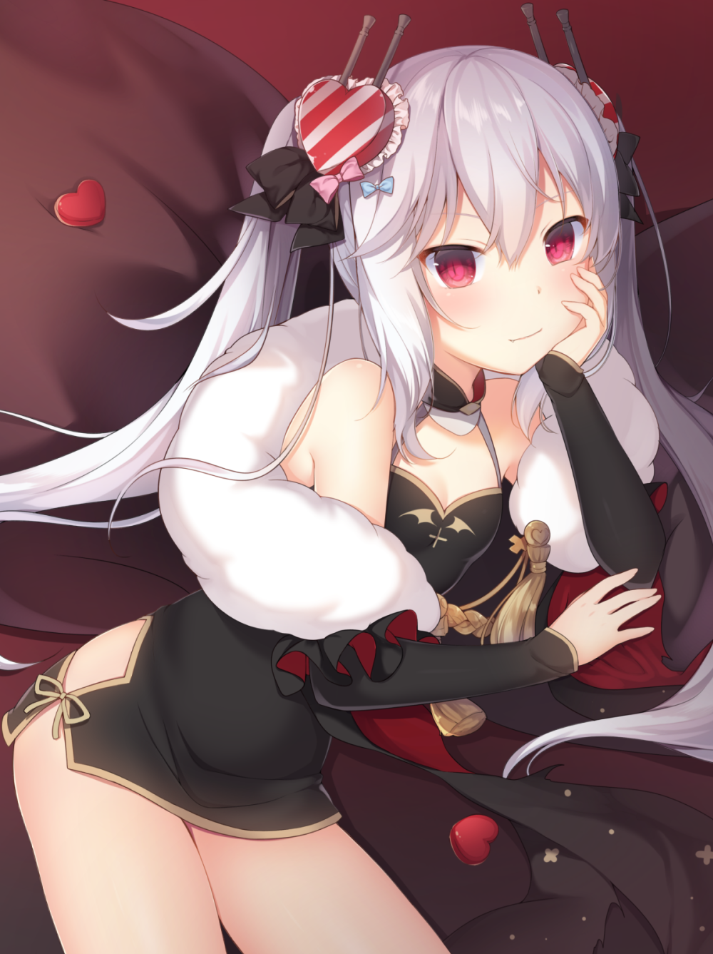 1girl amashiro_natsuki arm_support azur_lane bangs black_bow black_dress blue_bow bow breasts china_dress chinese_clothes closed_mouth commentary_request detached_sleeves dress fang fang_out fur_collar hair_between_eyes hair_bow hair_ornament heart heart_hair_ornament highres long_hair long_sleeves pink_bow red_eyes short_dress sidelocks silver_hair small_breasts smile solo twintails vampire_(azur_lane) very_long_hair