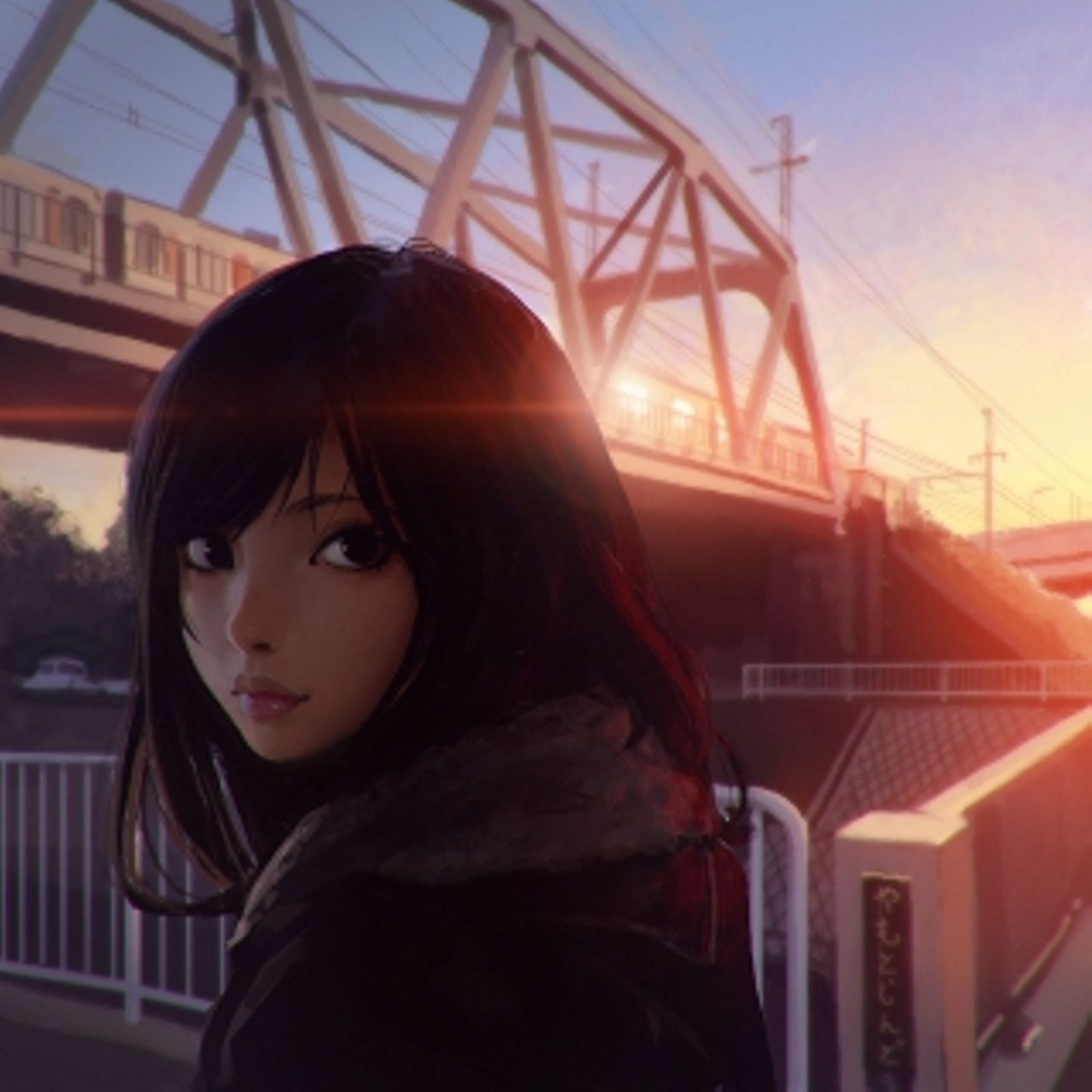 1girl black_eyes black_hair bridge building city clouds coat day evening ground_vehicle highres ilya_kuvshinov lens_flare lips long_hair looking_at_viewer nose original outdoors overhead_line power_lines railing real_world_location scarf sky solo sun_glare sunset train