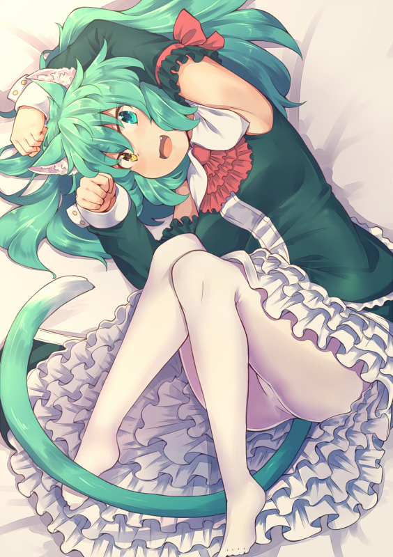 1girl :3 :d animal_ears bangs blue_eyes blush breasts cat_ears cat_girl cat_tail commentary_request detached_sleeves dress eyebrows_visible_through_hair fang green_dress green_hair hair_between_eyes heterochromia kuromiya long_hair long_sleeves lying no_shoes on_back open_mouth original pantyhose small_breasts smile solo tail tamamiya_tami white_legwear yellow_eyes