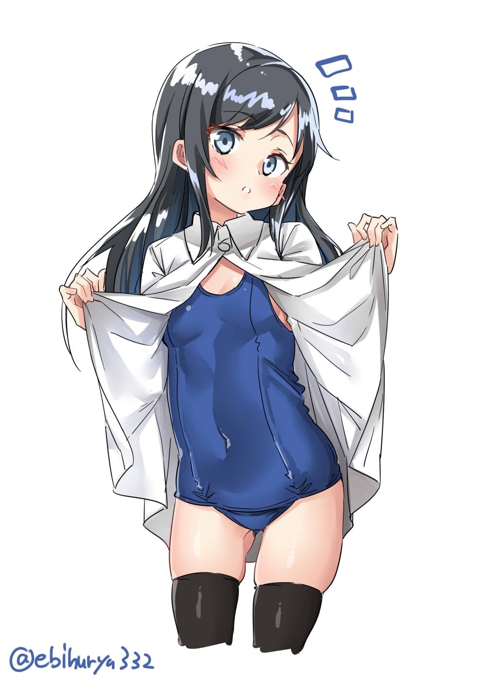 1girl asashio_(kantai_collection) black_hair black_legwear blue_eyes blue_swimsuit cowboy_shot ebifurya highres kantai_collection long_hair looking_at_viewer school_swimsuit simple_background solo swimsuit swimsuit_under_clothes thigh-highs twitter_username white_background