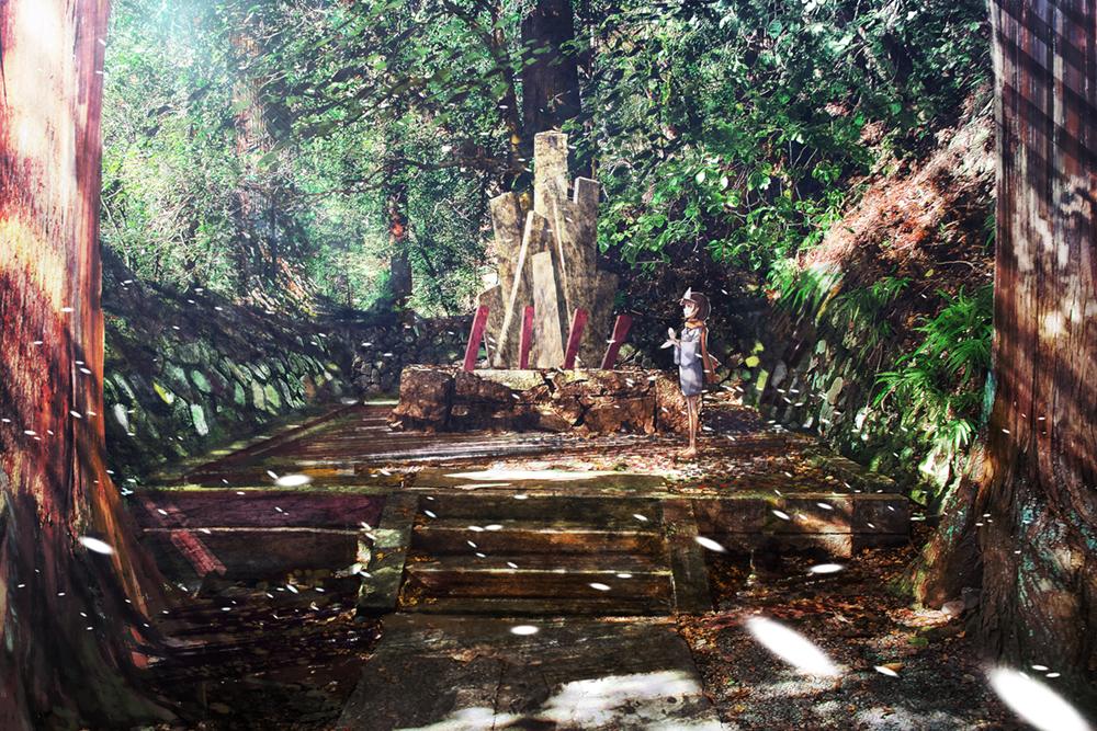 1girl brown_hair forest from_side long_sleeves nature original outdoors red_scarf scarf scenery short_hair shrine solo stairs tree triangular_headpiece zennmai_siki