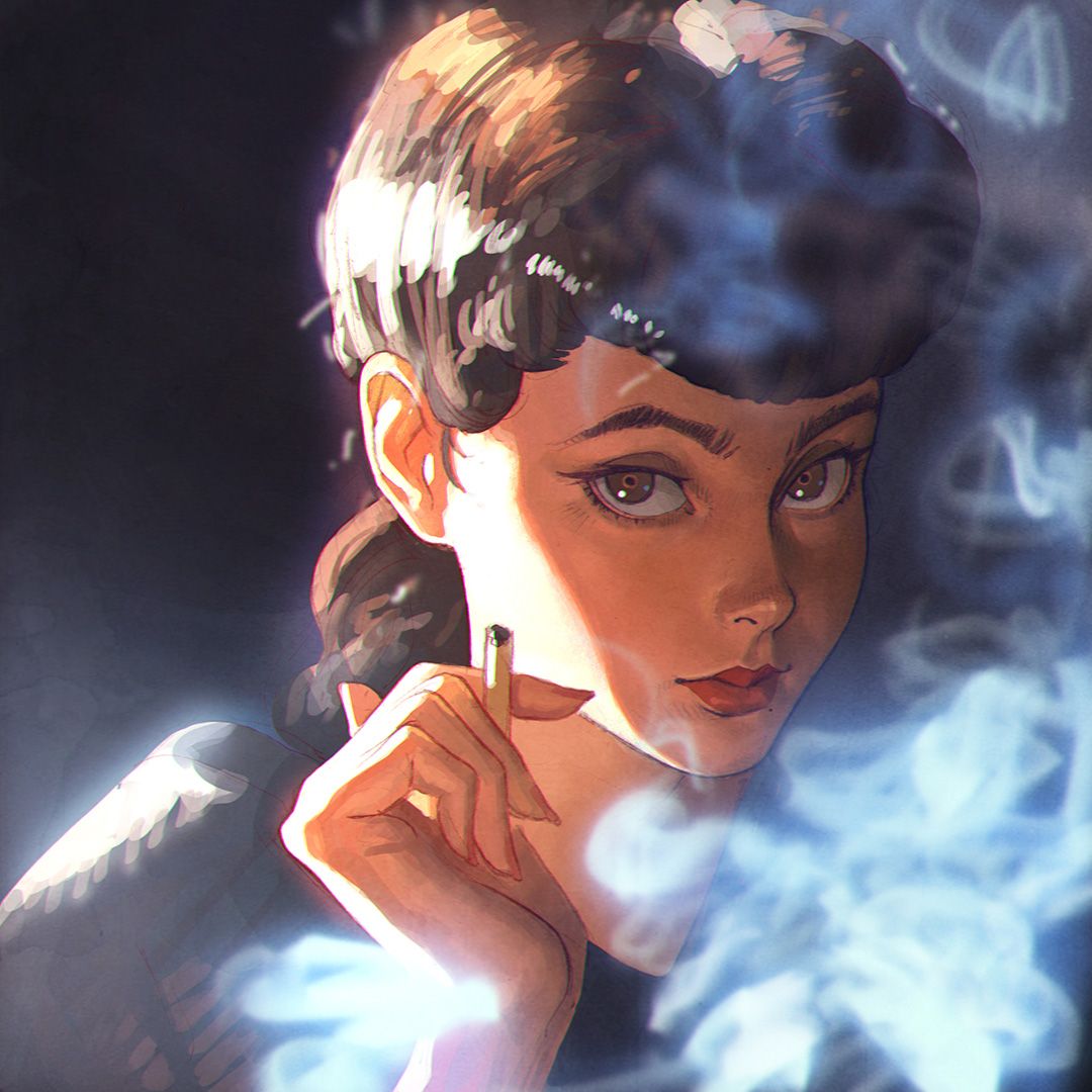 1girl between_fingers blade_runner brown_eyes brown_hair cigarette face ilya_kuvshinov lips long_hair looking_at_viewer rachel_(blade_runner) smoke solo