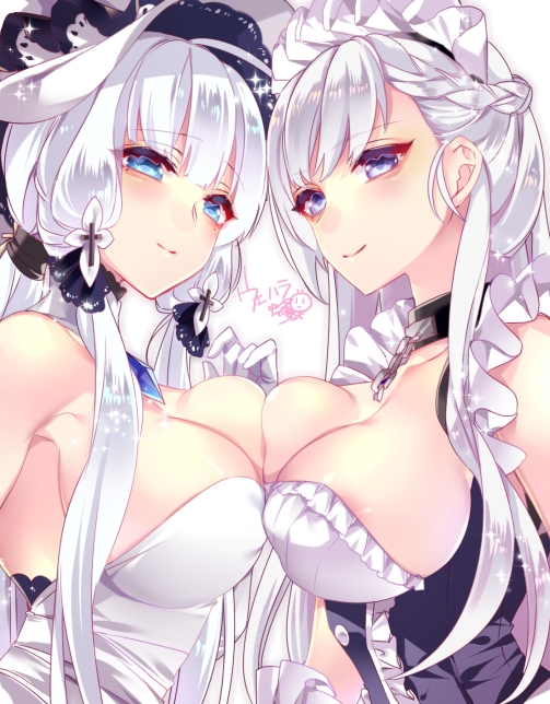 2girls apron azur_lane bangs bare_shoulders belfast_(azur_lane) braid breast_press breasts chains cleavage closed_mouth collar collarbone commentary_request corset dress elbow_gloves eyebrows_visible_through_hair french_braid frilled_apron frills gloves hat illustrious_(azur_lane) large_breasts looking_at_viewer low_twintails maid maid_apron maid_headdress mole mole_under_eye multiple_girls silver_hair smile sun_hat symmetrical_docking twintails uehara_(higanbachi) white_apron white_dress white_gloves white_hat