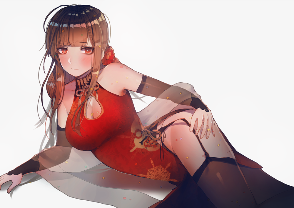 1girl bare_shoulders blush breasts bridal_gauntlets brown_hair china_dress chinese_clothes cleavage cleavage_cutout dress dsr-50_(girls_frontline) garter_straps girls_frontline hanato_(seonoaiko) large_breasts long_hair looking_at_viewer lying on_side orange_eyes smile solo thigh-highs