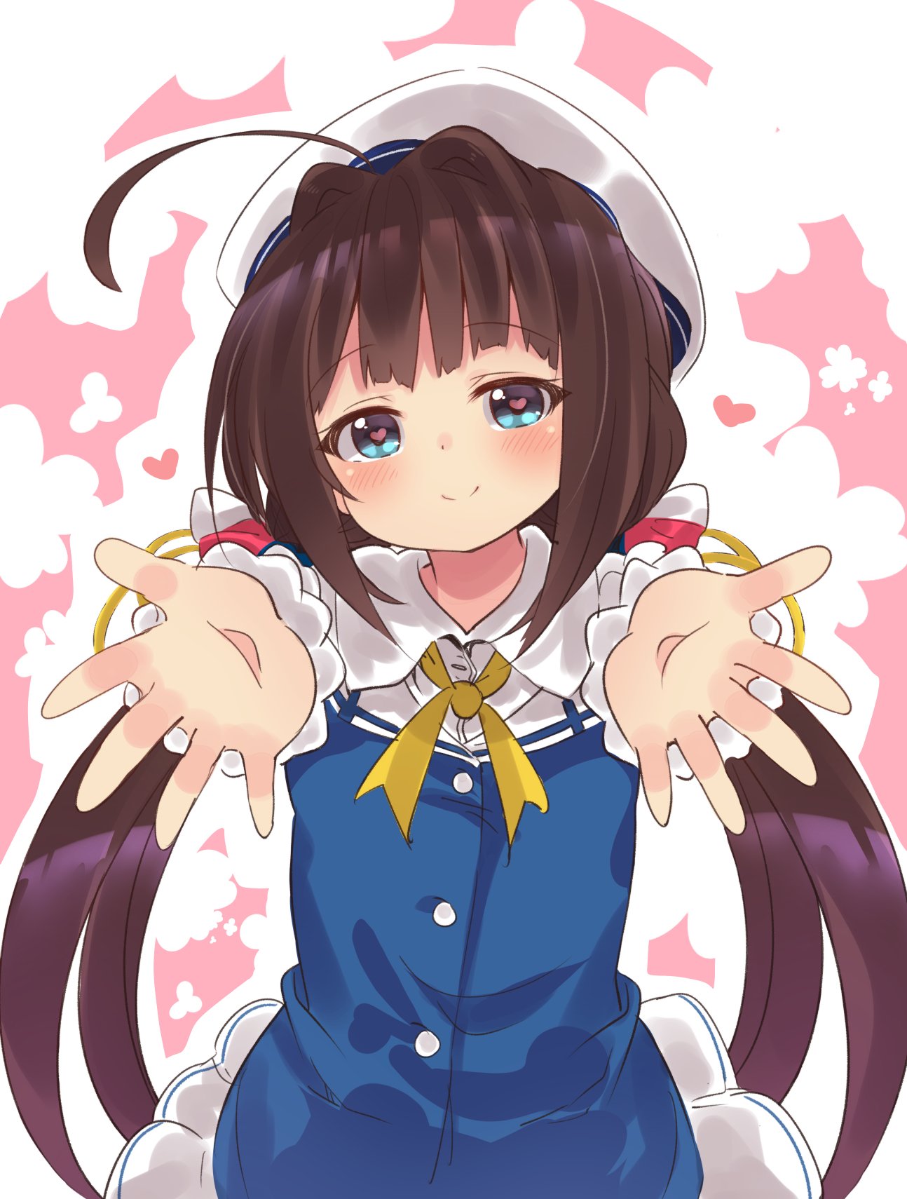 1girl ahoge blue_eyes brown_hair cowboy_shot foreshortening hat heart heart-shaped_pupils highres hinatsuru_ai long_hair looking_at_viewer low_twintails outstretched_arms ryuuou_no_oshigoto! sailor_hat smile solo suzuki_toto symbol-shaped_pupils twintails very_long_hair white_hat