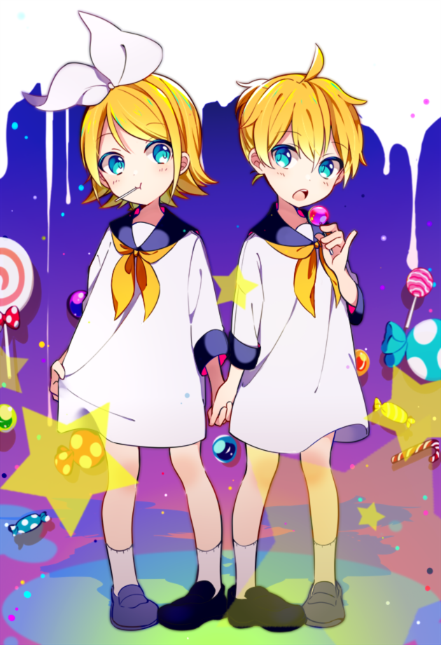 1boy 1girl :o :t blonde_hair blue_eyes blush bow brother_and_sister candy candy_cane chewing child dress dress_shirt eating eyebrows_visible_through_hair food hair_bow hair_ornament hairclip hand_holding hikage_(paccuntyo) holding_dress interlocked_fingers kagamine_len kagamine_rin lollipop mary_janes open_mouth pigeon-toed sailor_collar sailor_dress shirt shoes siblings socks star sweets twins vocaloid younger