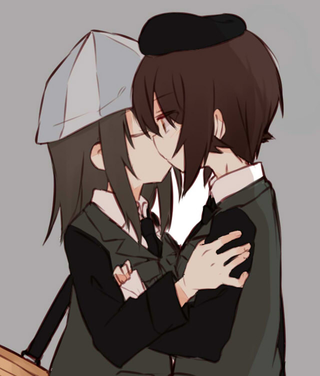 2girls alternate_costume arm_grab bangs beret black_hat black_jacket black_neckwear blue_hat brown_eyes brown_hair carrying closed_eyes dress_shirt eyebrows_visible_through_hair from_side fud girls_und_panzer grey_background hat hug jacket kiss long_hair long_sleeves looking_at_another mika_(girls_und_panzer) military military_hat military_uniform multiple_girls necktie nishizumi_maho selection_university_military_uniform shirt short_hair simple_background standing uniform upper_body white_shirt wing_collar yuri