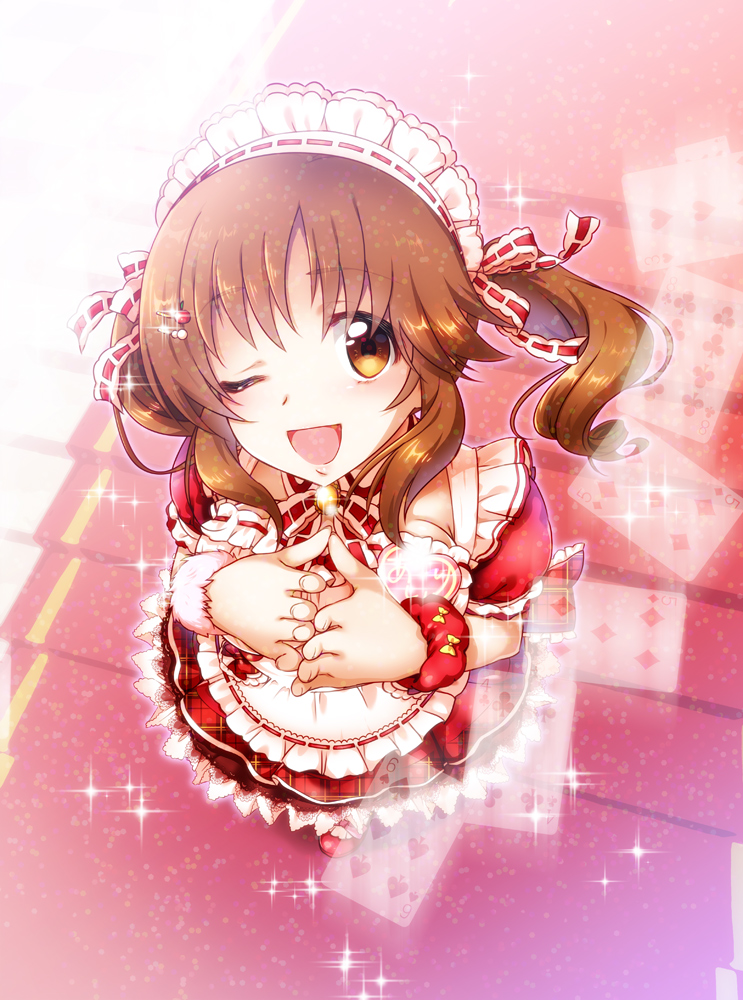 :d alternate_costume apron bell bell_collar blush breasts brown_eyes brown_hair card cleavage collar from_above hands_together heart idolmaster idolmaster_cinderella_girls idolmaster_cinderella_girls_starlight_stage maid_apron maid_headdress one_eye_closed open_mouth playing_card silky_(silky_alice) smile sparkle stairs totoki_airi twintails