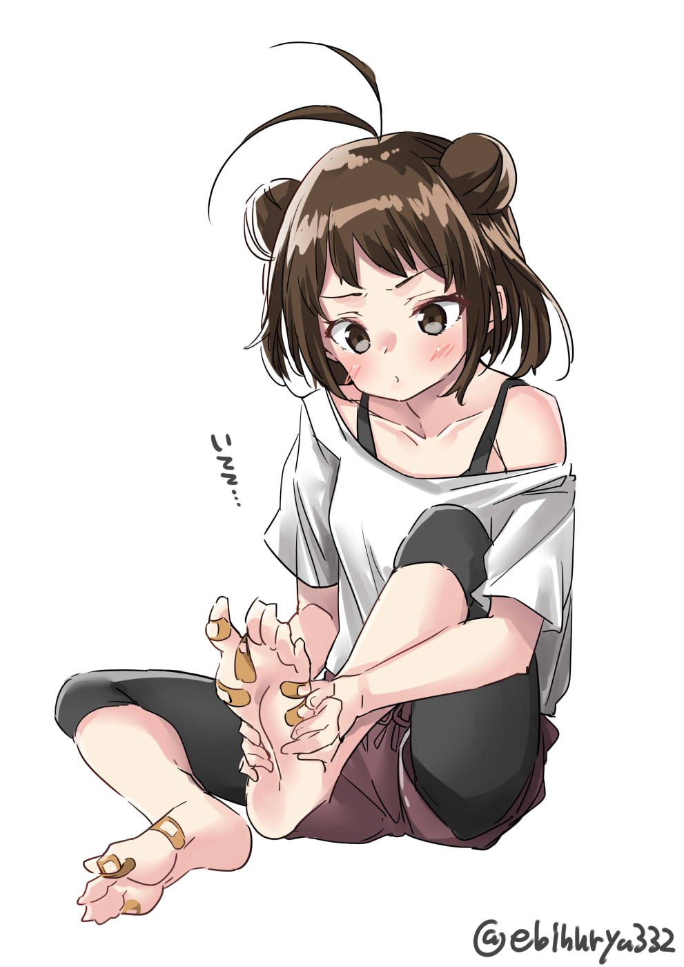 1girl alternate_costume antenna_hair bandaid bandaid_on_foot barefoot blouse brown_eyes brown_hair brown_shorts casual double_bun ebifurya feet full_body hands_on_feet highres kantai_collection leggings naka_(kantai_collection) shorts simple_background sitting soles solo toes twitter_username white_background white_blouse