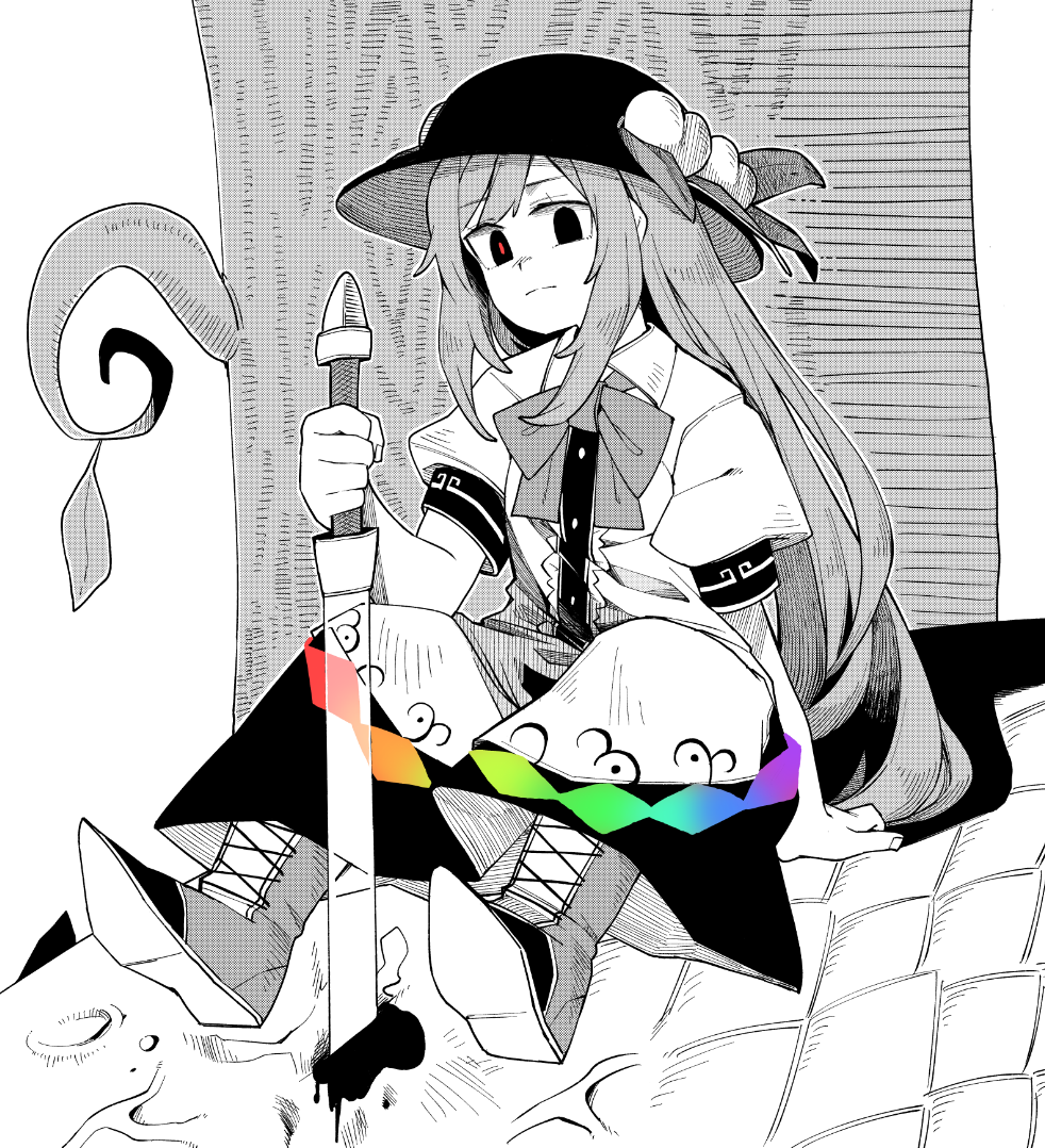 1girl anarogumaaa arm_support blood boots bow bowtie expressionless food fruit full_body hat hat_leaf hinanawi_tenshi leaf long_hair looking_at_viewer monochrome monster peach pointy_boots puffy_short_sleeves puffy_sleeves rainbow_order scales short_sleeves simple_background sitting solo spot_color sword_of_hisou touhou tree white_background