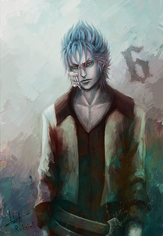 1boy aqua_eyes arrancar belt bleach closed_mouth cowboy_shot espada facial_mark furrowed_eyebrows grimmjow_jaegerjaquez jacket lips long_sleeves looking_at_viewer male_focus mask nose number realistic roksiel serious signature solo spiky_hair standing traditional_media white white_jacket white_skin