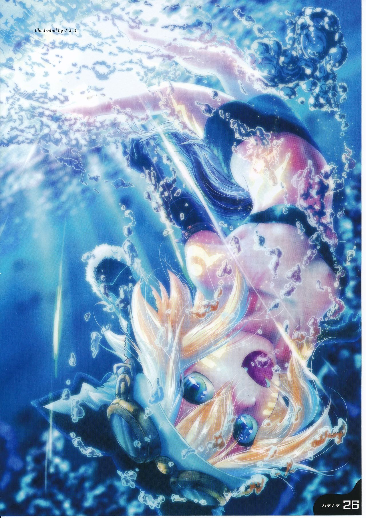 1girl artist_request blonde_hair bubble cyberconnect2_(choujigen_game_neptune) forest freediving green_eyes hat highres nature neptune_(series) open_mouth scan short_hair smile solo swimming swimsuit tail underwater water