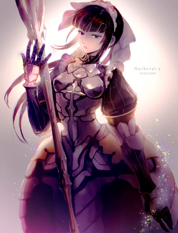 1girl armor armored_dress black_hair fringe horocca maid maid_headdress narberal_gamma overlord_(maruyama) simple_background solo violet_eyes weapon