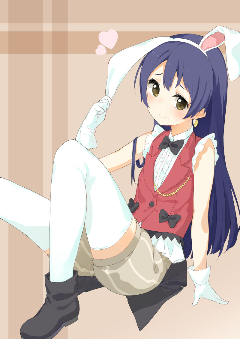 1girl animal_ears arm_support bangs blue_hair blush commentary_request earrings eyebrows_visible_through_hair gloves hair_between_eyes heart jewelry korekara_no_someday long_hair looking_at_viewer love_live! love_live!_school_idol_project rabbit_ears sitting sleeveless solo sonoda_umi striped thigh-highs tofu1601 white_gloves white_legwear yellow_eyes