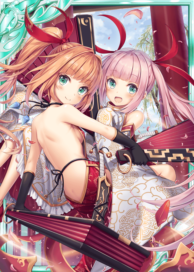 2girls :d akkijin aqua_eyes back bare_shoulders blonde_hair chinese_clothes fan green_eyes multiple_girls official_art open_mouth pink_hair ponytail shinkai_no_valkyrie smile