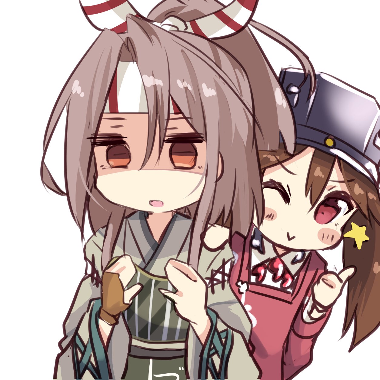 2girls amano_kouki breast_conscious brown_hair chibi empty_eyes hachimaki headband highres kantai_collection light_brown_hair multiple_girls muneate one_eye_closed ponytail ryuujou_(kantai_collection) shaded_face thumbs_up twintails wide_sleeves zuihou_(kantai_collection)