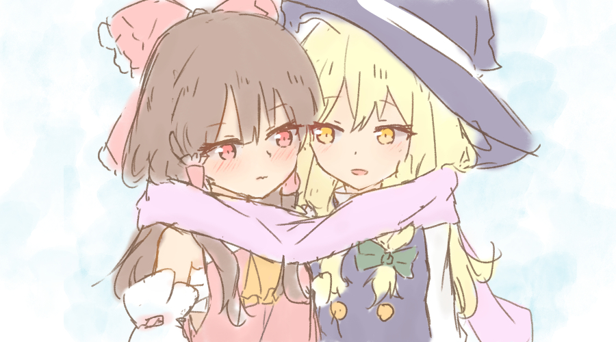 2girls 3: :d ascot bare_shoulders blonde_hair blush bow braid brown_hair detached_sleeves expressionless hair_bow hair_tubes hakurei_reimu hat kirisame_marisa large_bow long_hair long_sleeves marisuku multiple_girls open_mouth pink_scarf red_eyes sarashi scarf shared_scarf side_braid single_braid smile touhou vest witch_hat yellow_eyes yellow_neckwear yuri