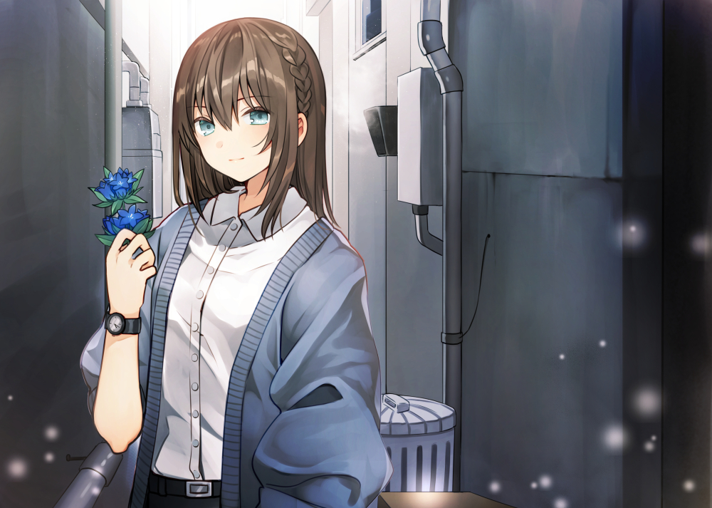 1girl alley bangs belt_buckle black_belt blue_cardigan blue_eyes blue_flower blush braid brown_hair buckle cardigan closed_mouth collared_shirt commentary_request day dress_shirt eyebrows_visible_through_hair flower hair_between_eyes holding holding_flower kurata_rine long_hair long_sleeves looking_at_viewer open_cardigan open_clothes original outdoors puffy_long_sleeves puffy_sleeves shirt solo trash_can watch watch white_shirt
