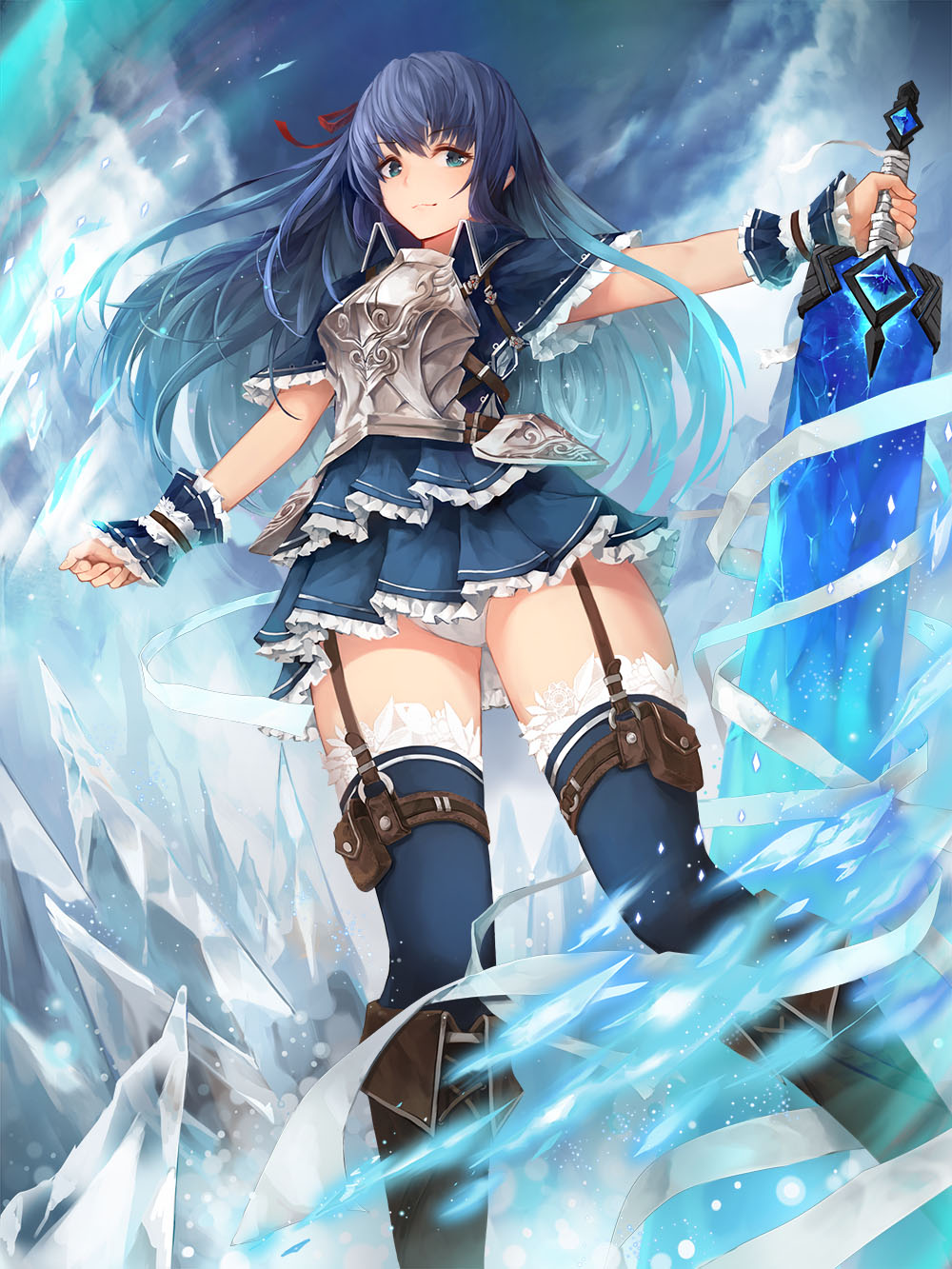 1girl armor blue_eyes blue_hair blue_legwear blue_skirt boots breastplate brown_footwear clouds crystalherb day garter_straps hair_ribbon highres knee_boots knight long_hair original outdoors panties planted_weapon ribbon skirt solo standing sword thigh-highs underwear weapon white_panties wrist_cuffs