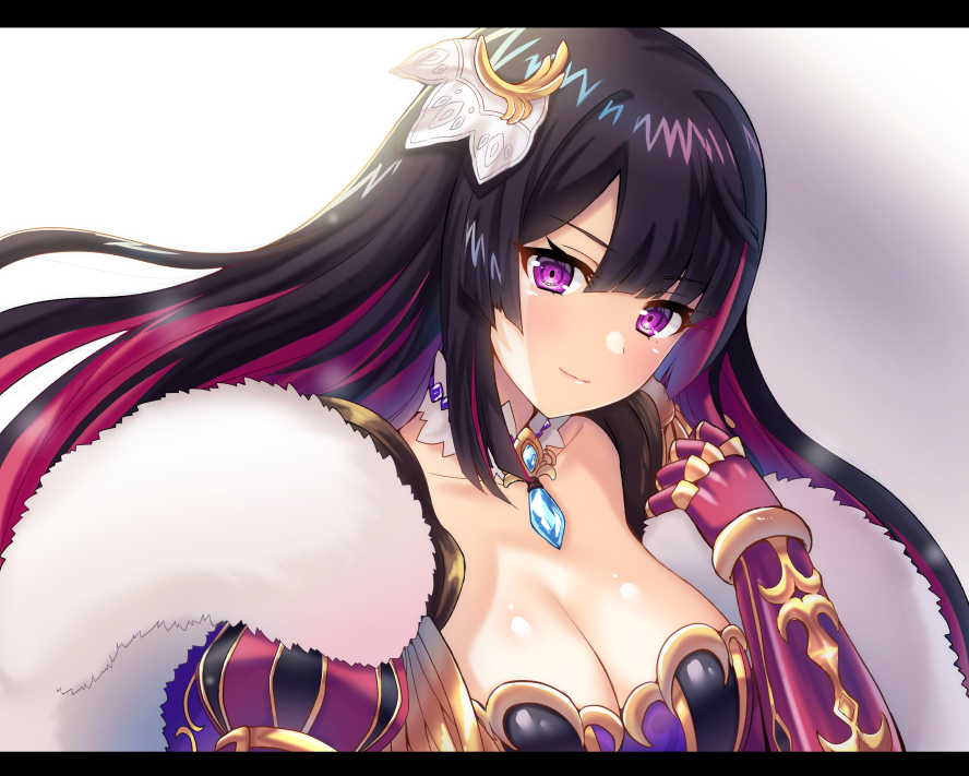 1girl armor bangs blush breasts character_request cleavage closed_mouth collarbone fur_trim gauntlets gem gradient gradient_background hair_ornament hairpin hand_up ichigo_seika letterboxed long_hair looking_at_viewer pink_hair purple_hair shironeko_project shoulder_armor smile solo two_side_up upper_body very_long_hair violet_eyes white_background wrist_cuffs