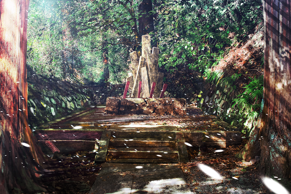 forest light_particles light_rays nature no_humans original outdoors scenery shrine stairs tree zennmai_siki