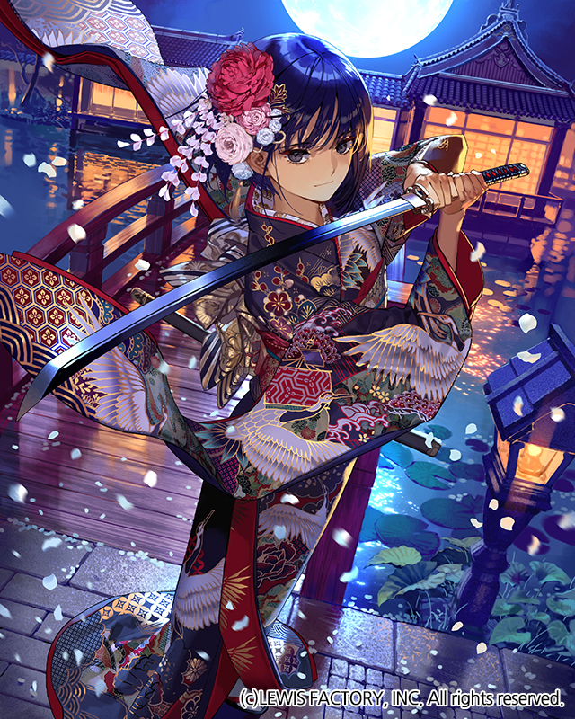 1girl black_eyes black_hair building character_request closed_mouth dragon's_shadow flower hair_flower hair_ornament holding holding_sword holding_weapon japanese_clothes jewelry katana kimono long_hair long_sleeves looking_at_viewer obi official_art outdoors sash solo sword very_long_hair watermark weapon wide_sleeves yna yukata