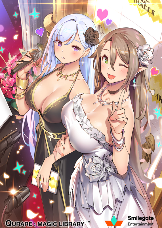 2girls :d bangs black_dress black_flower blue_hair blush bracelet breasts brown_hair cleavage copyright_name dress eyebrows_visible_through_hair fingernails flower green_eyes hair_flower hair_ornament hand_on_another's_arm heart holding huge_breasts index_finger_raised jewelry large_breasts long_hair looking_at_viewer microphone multiple_girls nail_polish necklace open_mouth original parted_lips petals pink_nails pointy_ears pop_kyun qurare_magic_library smile standing very_long_hair violet_eyes watermark white_dress white_flower