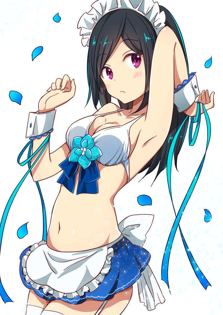 1girl apron arm_up armpits black_hair blue_ribbon blush bow breasts collarbone cowboy_shot eyebrows_visible_through_hair flower frilled_apron frills garter_straps legs_together long_hair looking_at_viewer maid_apron maid_bikini maid_headdress medium_breasts navel original petals ragho_no_erika ribbon solo standing thigh-highs violet_eyes white_apron white_bow white_legwear wrist_cuffs