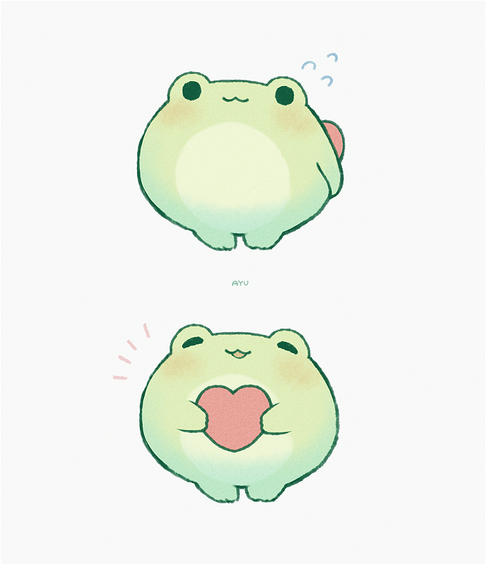 ._. 2koma artist_name ayu_(mog) behind_back blush closed_mouth comic frog heart holding holding_heart no_humans open_mouth original simple_background smile standing white_background