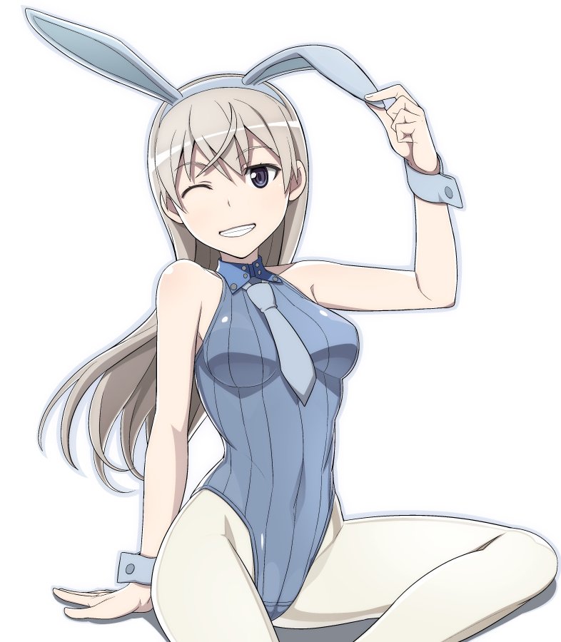 1girl adapted_costume animal_ears blue_eyes blue_neckwear eila_ilmatar_juutilainen grey_leotard leotard looking_at_viewer nanashino necktie one_eye_closed pantyhose rabbit_ears ribbed_leotard silver_hair simple_background sitting solo strike_witches white_background white_legwear world_witches_series wrist_cuffs