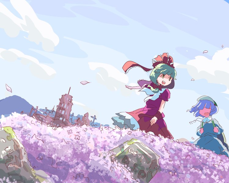 2girls arm_ribbon backpack bag blue_dress blue_hair blue_sky bow clouds commentary_request dress field flower flower_field frills front_ponytail green_eyes green_hair green_hat hair_bow hair_ribbon hat kagiyama_hina kanno_fumiroku kawashiro_nitori key long_sleeves multiple_girls no_eyes no_nose open_mouth outstretched_arm pink_flower puffy_short_sleeves puffy_sleeves red_dress red_ribbon ribbon short_sleeves sky tombstone touhou